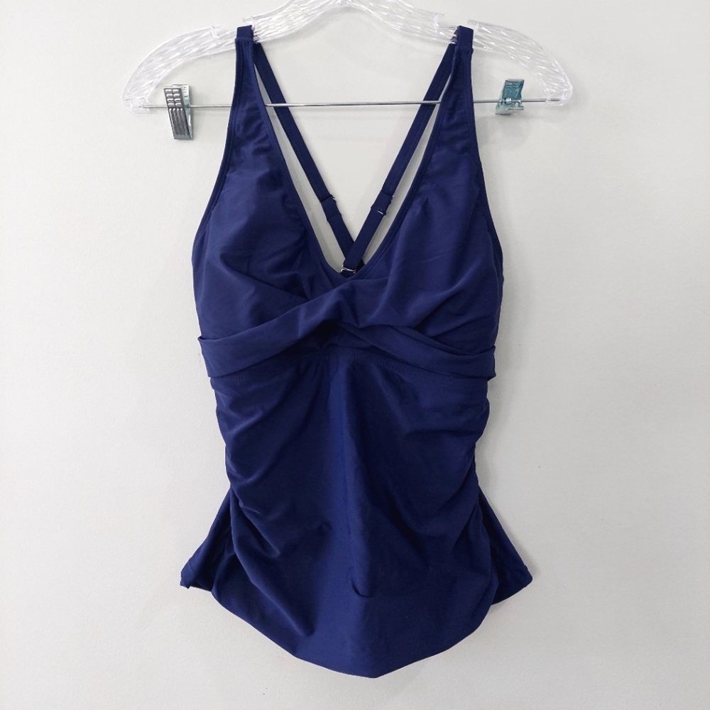 Yonique Tankini Swimsuit Top Large Blue Cross back Convertable Adjustable